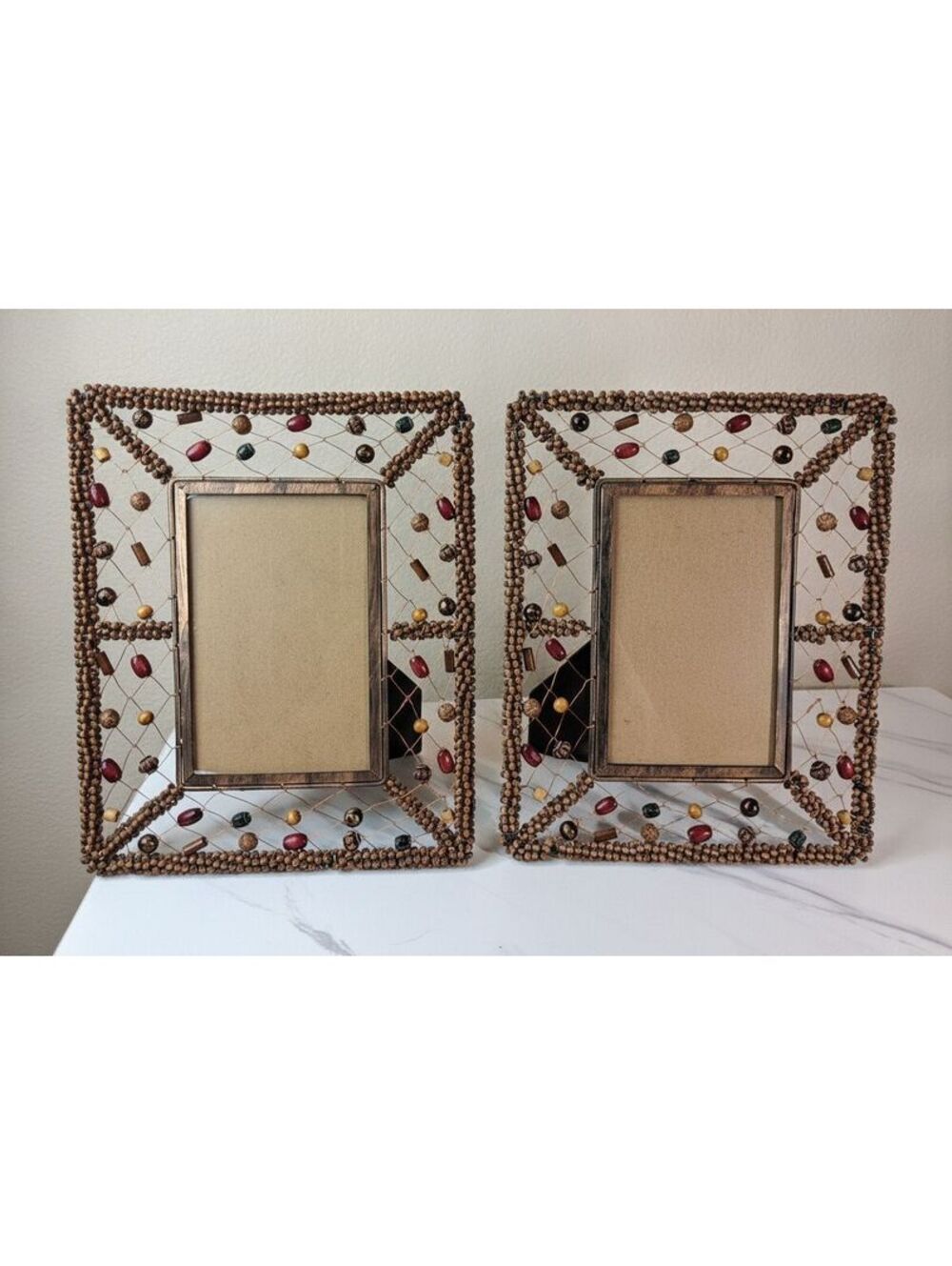 Vintage Set of 2 Pier 1 Imports Copper Wire and Bead Picture Frames-Fit 4x6